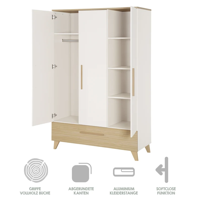 Kleiderschrank 'Theo' 3-türig - Hochwertige Fräsungen - Weiß / Eiche