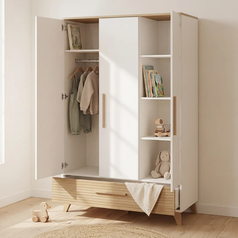 Kleiderschrank 'Theo' 3-türig - Hochwertige Fräsungen - Weiß / Eiche