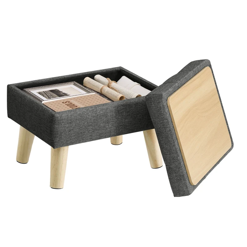 Reposapiés con almacenaje de tela aspecto lino y patas de madera