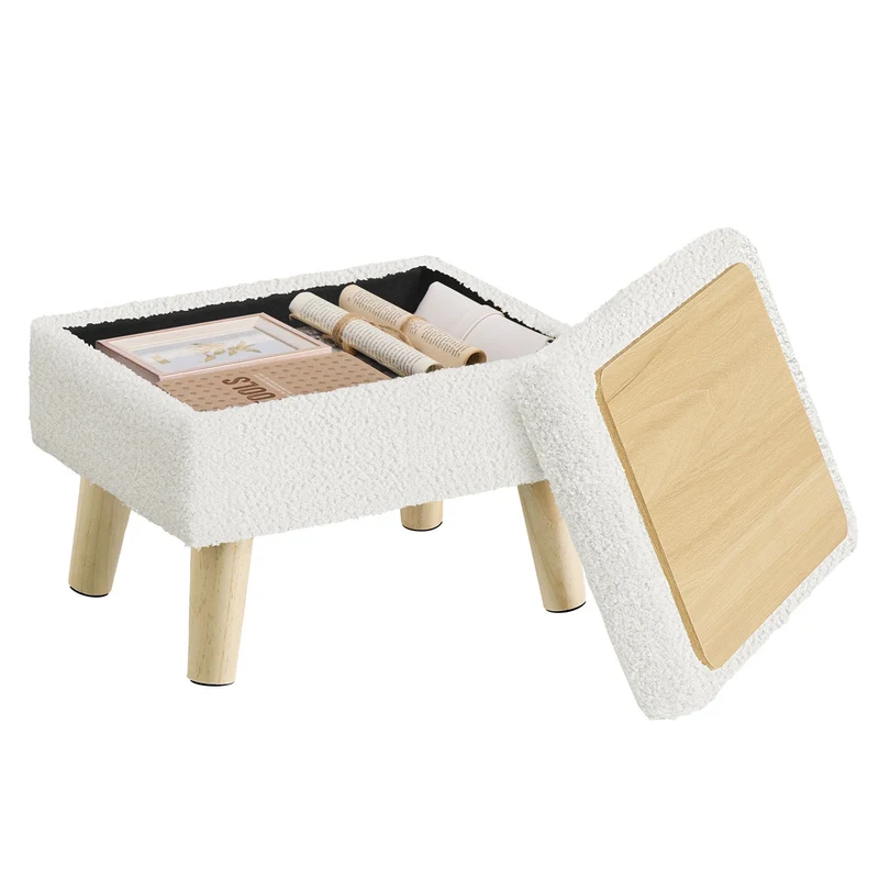 Reposapiés con almacenaje de tela aspecto lino y patas de madera