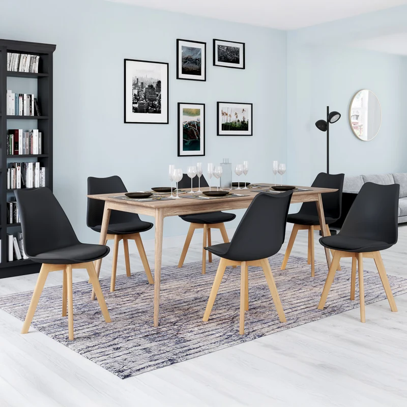 Chaises Nordia assise noire et pieds bois - lot de 6