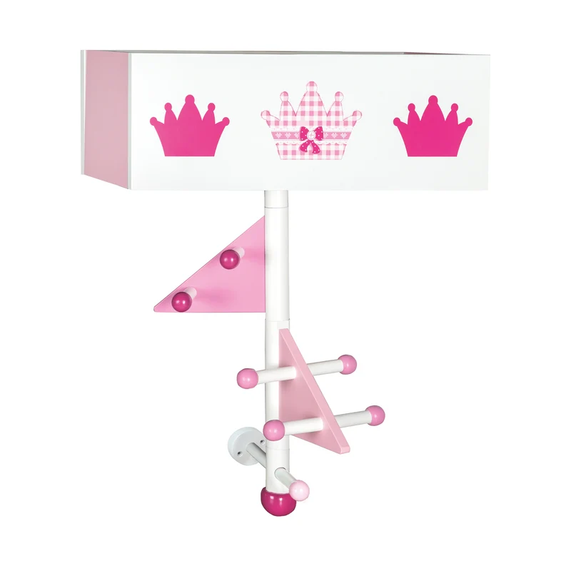 Kindergarderobe 'Krone' aus Holz - 9 Haken und 2 Fächern - Rosa lackiert / bedruckt