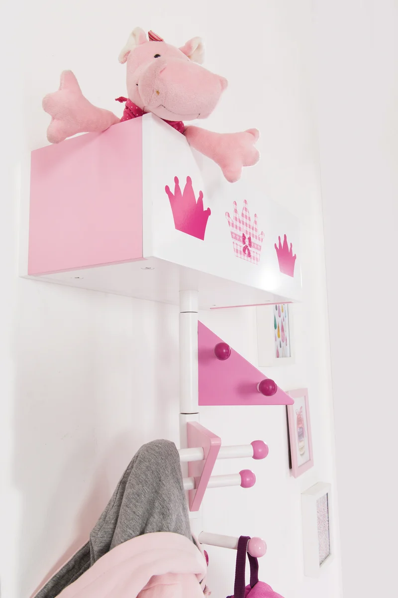 Kindergarderobe 'Krone' aus Holz - 9 Haken und 2 Fächern - Rosa lackiert / bedruckt