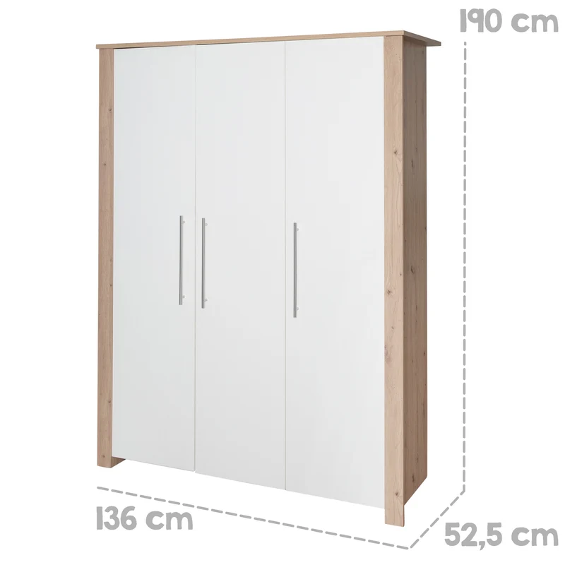 Kleiderschrank 'Malo' 3-türig mit Soft-Close-Scharnieren - Weiß / Eichen-Dekor