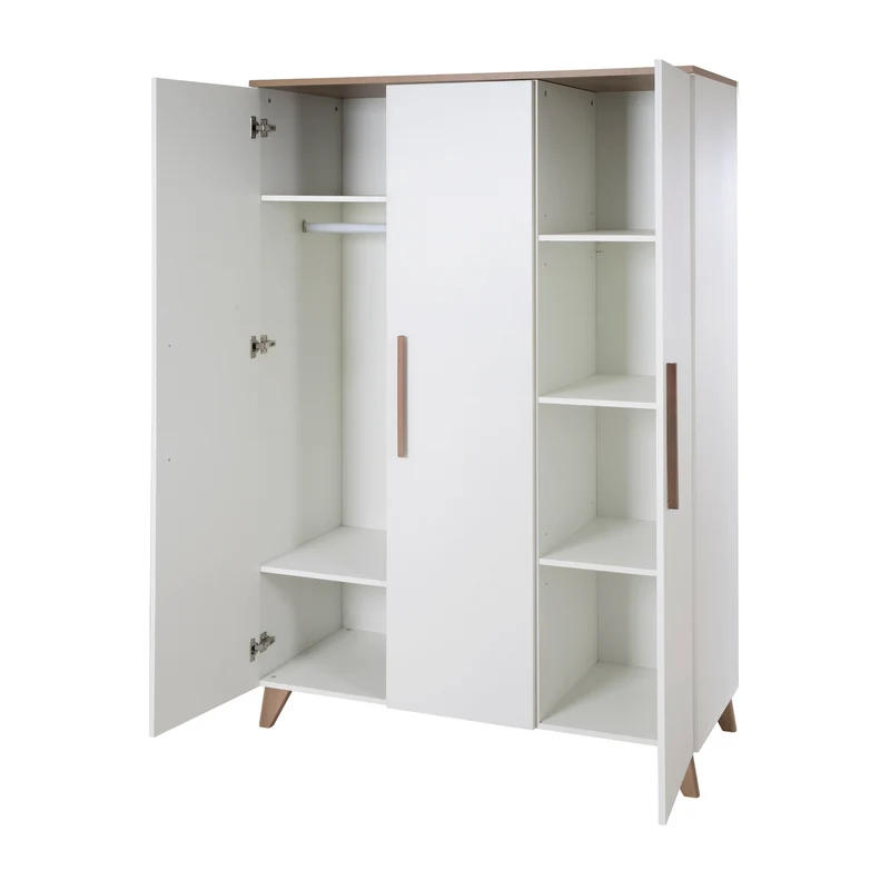 Kleiderschrank 'Ole' 3-türig mit Holzgriffe & -füßen - Weiß / Eichen-Dekor