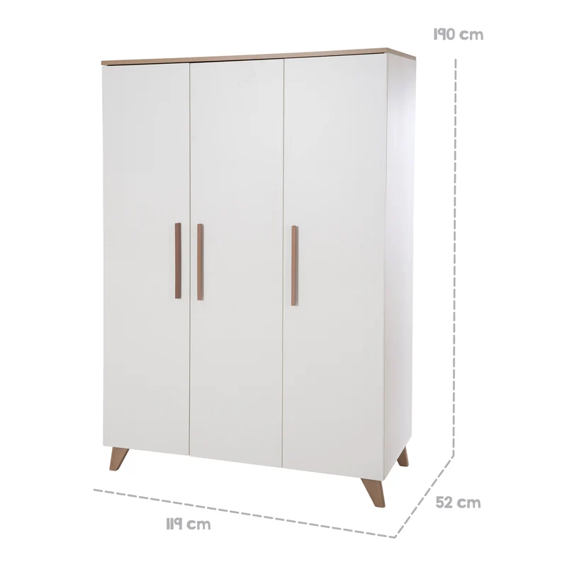 Kleiderschrank 'Ole' 3-türig mit Holzgriffe & -füßen - Weiß / Eichen-Dekor