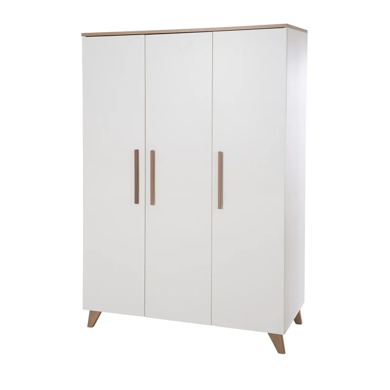 Kleiderschrank 'Ole' 3-türig mit Holzgriffe & -füßen - Weiß / Eichen-Dekor
