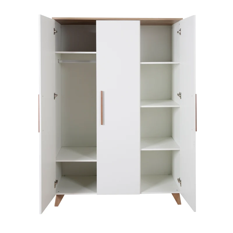 Kleiderschrank 'Ole' 3-türig mit Holzgriffe & -füßen - Weiß / Eichen-Dekor