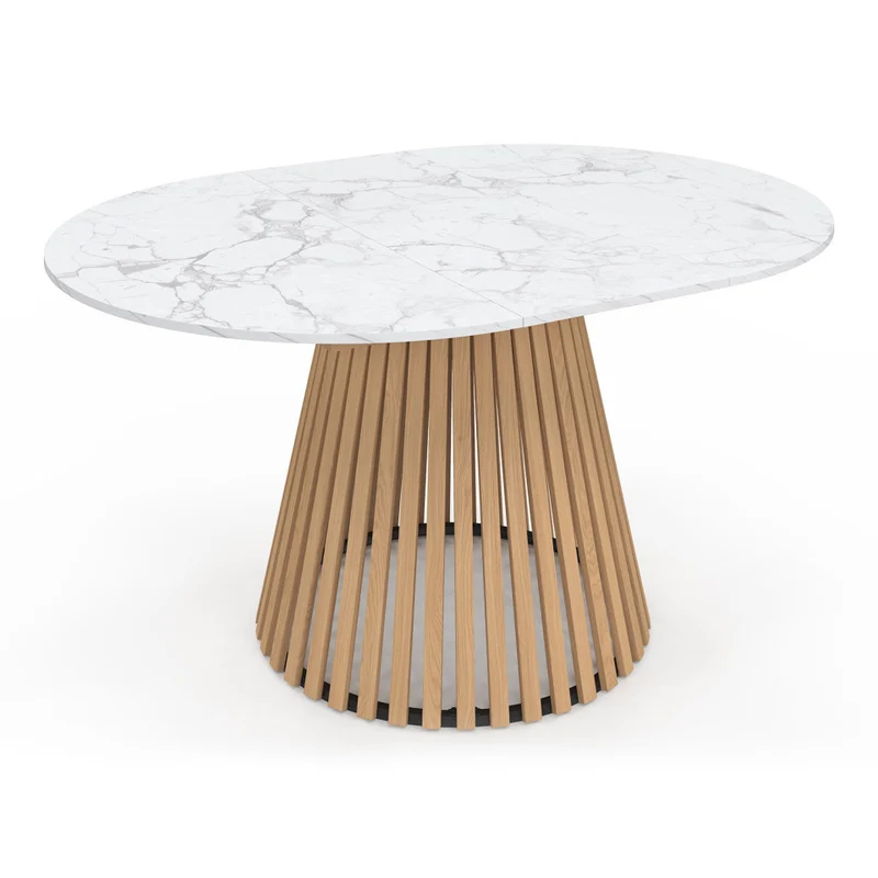 Table repas Camélia plateau rond extensible 110-150cm effet marbre blanc et pieds lattes