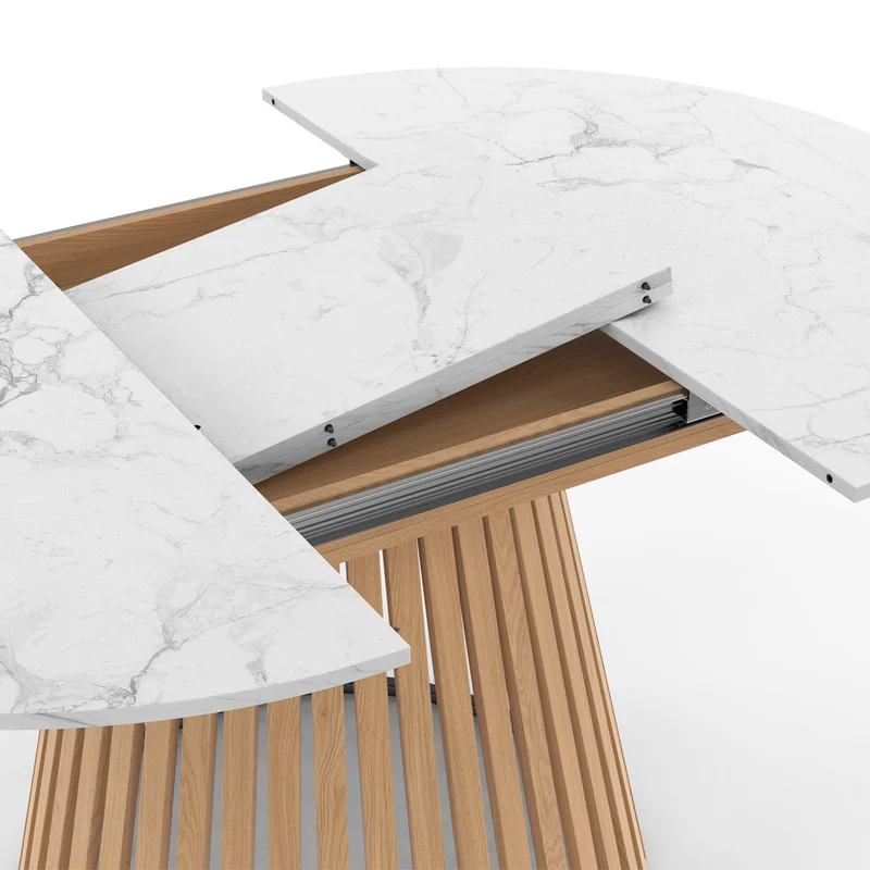 Table repas Camélia plateau rond extensible 110-150cm effet marbre blanc et pieds lattes