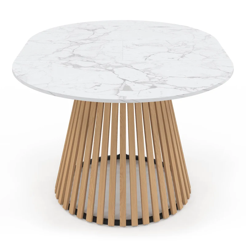 Table repas Camélia plateau rond extensible 110-150cm effet marbre blanc et pieds lattes