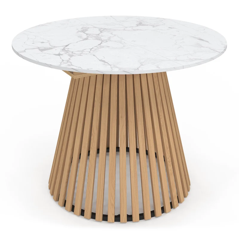 Table repas Camélia plateau rond extensible 110-150cm effet marbre blanc et pieds lattes