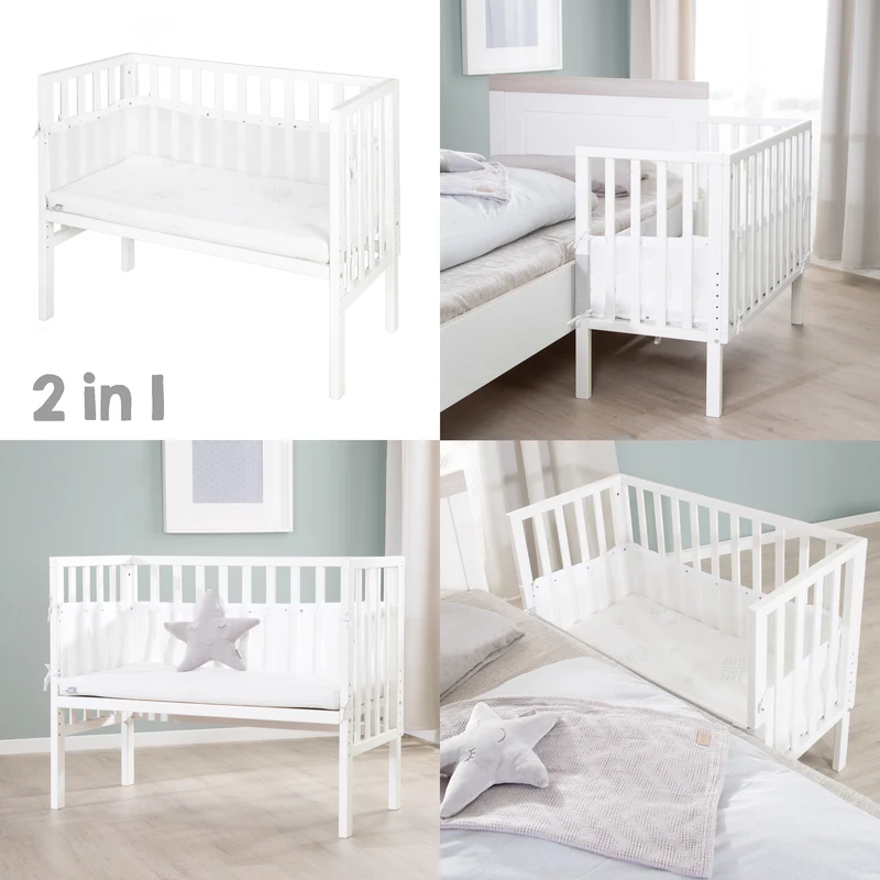 Beistellbett 2 in 1 safe asleep® 45 x 90 cm mit Matratze + Canvas Barriere - Holz weiß