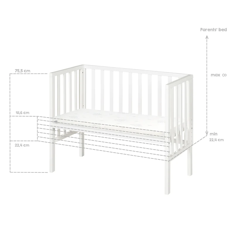 Beistellbett 2 in 1 safe asleep® 45 x 90 cm mit Matratze + Canvas Barriere - Holz weiß