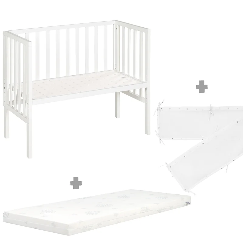 Beistellbett 2 in 1 safe asleep® 45 x 90 cm mit Matratze + Canvas Barriere - Holz weiß