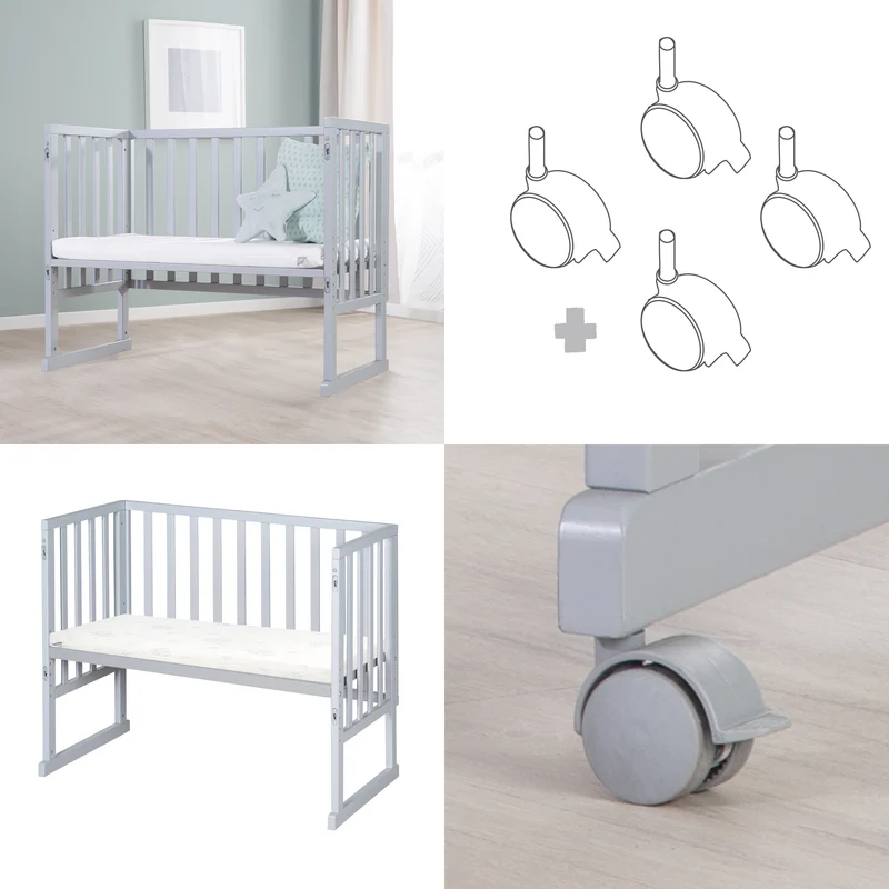 Stuben- & Beistellbett 3in1 mit Barriere + Matratze - Holz taupe