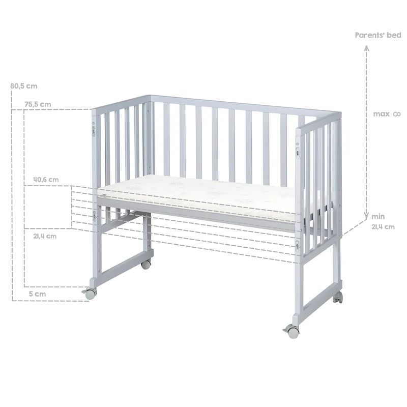 Stuben- & Beistellbett 3in1 mit Barriere + Matratze - Holz taupe