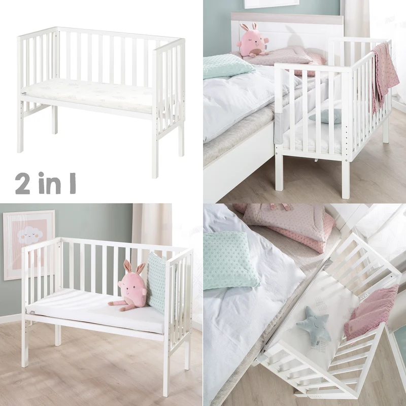 Beistellbett 2in1 'safe asleep®' mit Barriere & Matratze - für alle Elternbetthöhen - Holz weiß