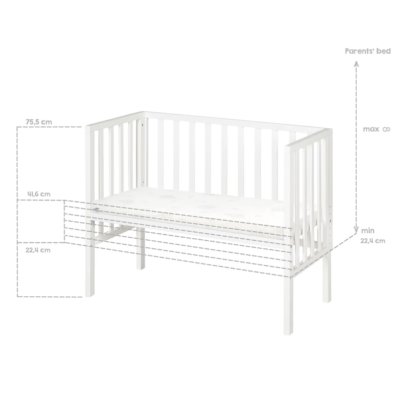 Beistellbett 2in1 'safe asleep®' mit Barriere & Matratze - für alle Elternbetthöhen - Holz weiß
