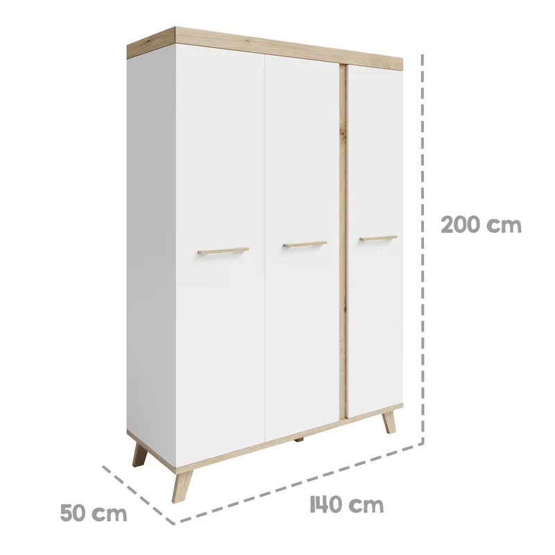 Kleiderschrank 'Smile' 3-türig - Griffe & Füße aus Massivholz - Weiß / Artisan Eiche
