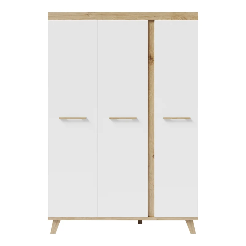 Kleiderschrank 'Smile' 3-türig - Griffe & Füße aus Massivholz - Weiß / Artisan Eiche