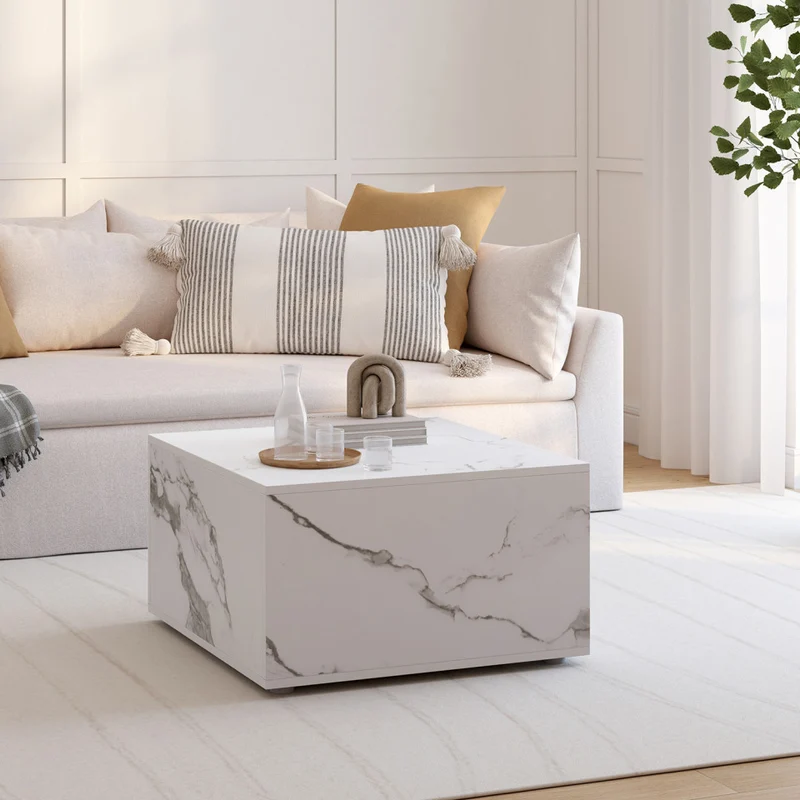 Table basse carrée effet marbre avec rangement 60cm
