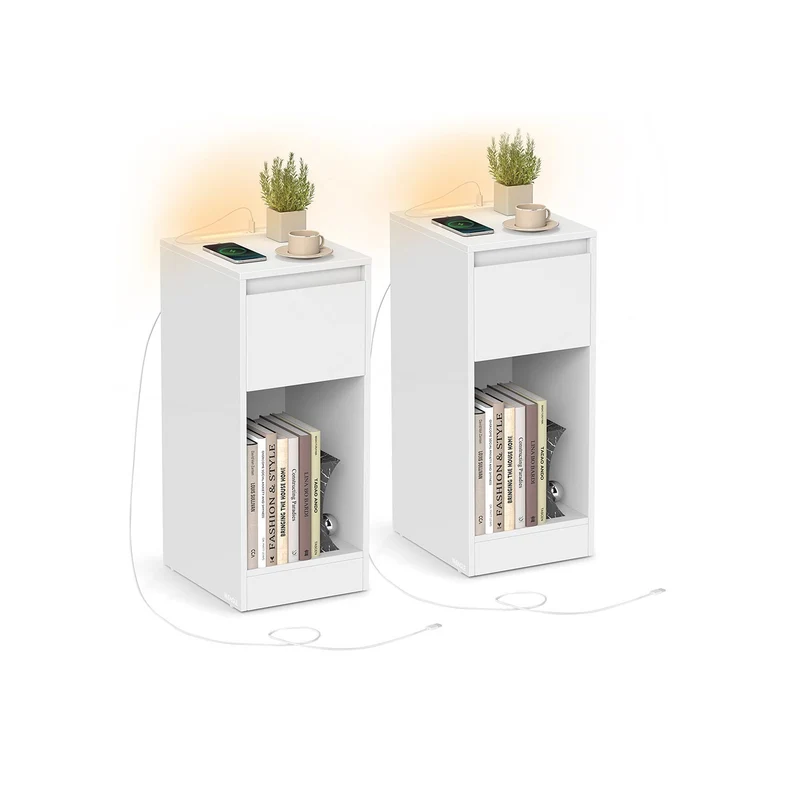 Mesita de noche estrecha con luz LED y puertos USB