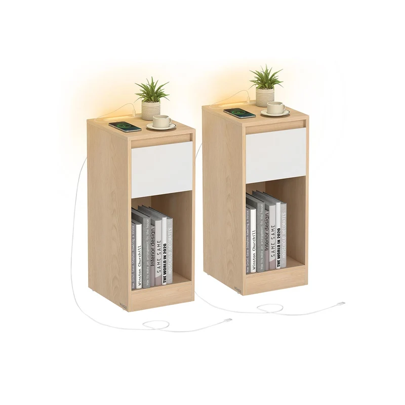 Mesita de noche estrecha con luz LED y puertos USB