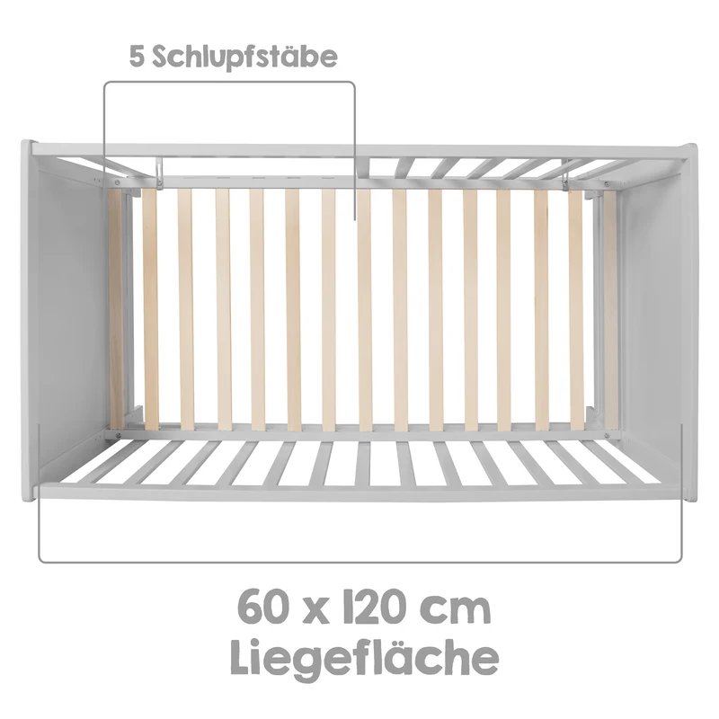 Beistellbett, 60 x 120 cm, taupe, verstellbar, 5 Schlupfsprossen, inkl. Lattenrost & Matratze