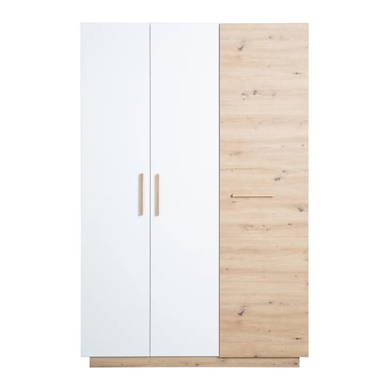 Kleiderschrank 'Lion' 3-türig - Weiß / Holzdekor 'Artisan Eiche' - Griffe aus massiver Eiche