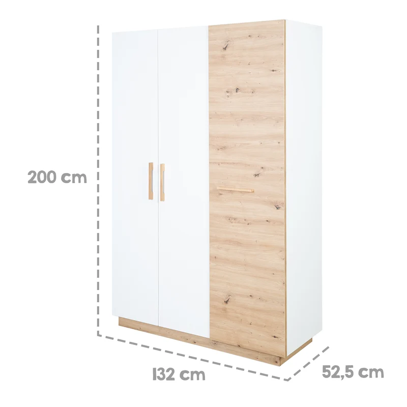 Kleiderschrank 'Lion' 3-türig - Weiß / Holzdekor 'Artisan Eiche' - Griffe aus massiver Eiche