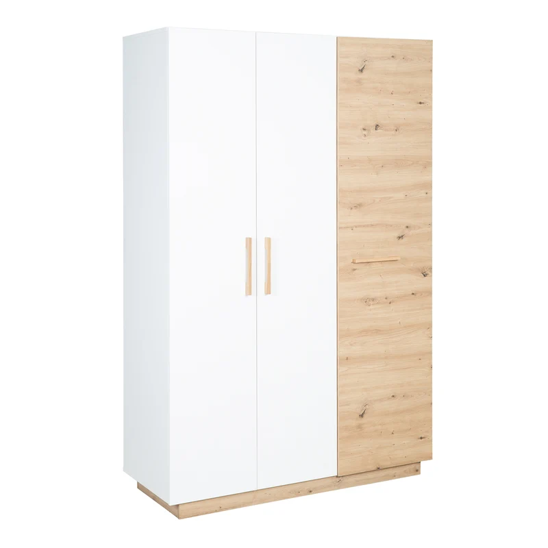 Kleiderschrank 'Lion' 3-türig - Weiß / Holzdekor 'Artisan Eiche' - Griffe aus massiver Eiche