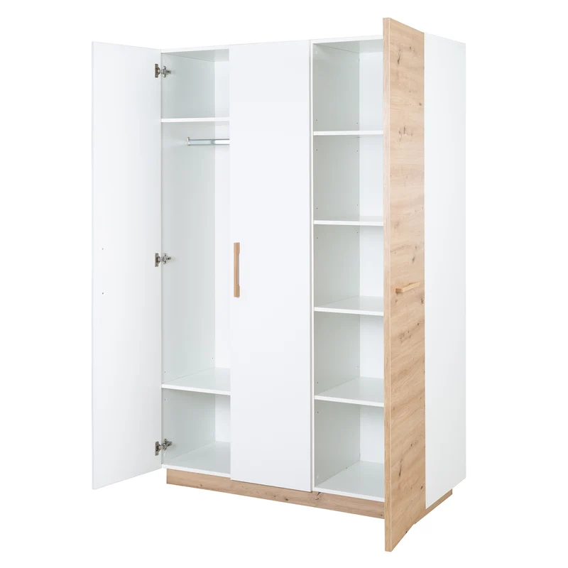 Kleiderschrank 'Lion' 3-türig - Weiß / Holzdekor 'Artisan Eiche' - Griffe aus massiver Eiche