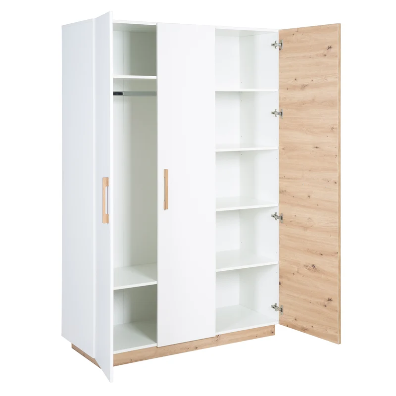 Kleiderschrank 'Lion' 3-türig - Weiß / Holzdekor 'Artisan Eiche' - Griffe aus massiver Eiche