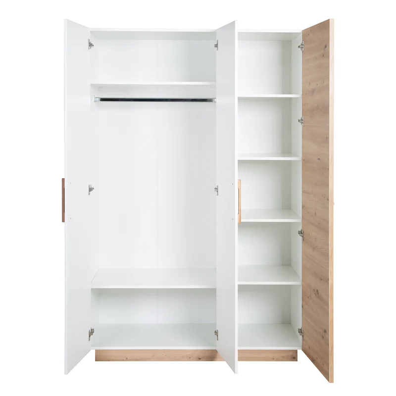 Kleiderschrank 'Lion' 3-türig - Weiß / Holzdekor 'Artisan Eiche' - Griffe aus massiver Eiche