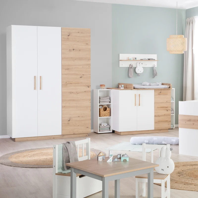 Kleiderschrank 'Lion' 3-türig - Weiß / Holzdekor 'Artisan Eiche' - Griffe aus massiver Eiche