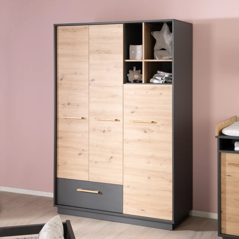 Kleiderschrank 'Lenn' 3-türig - Anthrazit - Holzdekor 'Artisan Eiche' - Massivholzgriffe