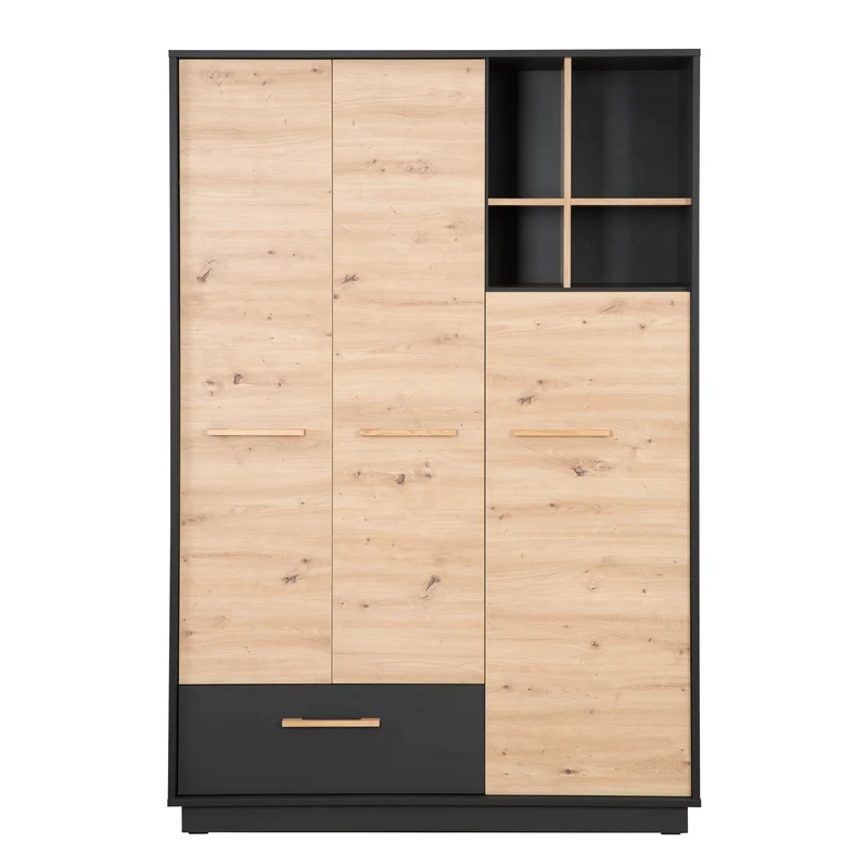 Kleiderschrank 'Lenn' 3-türig - Anthrazit - Holzdekor 'Artisan Eiche' - Massivholzgriffe
