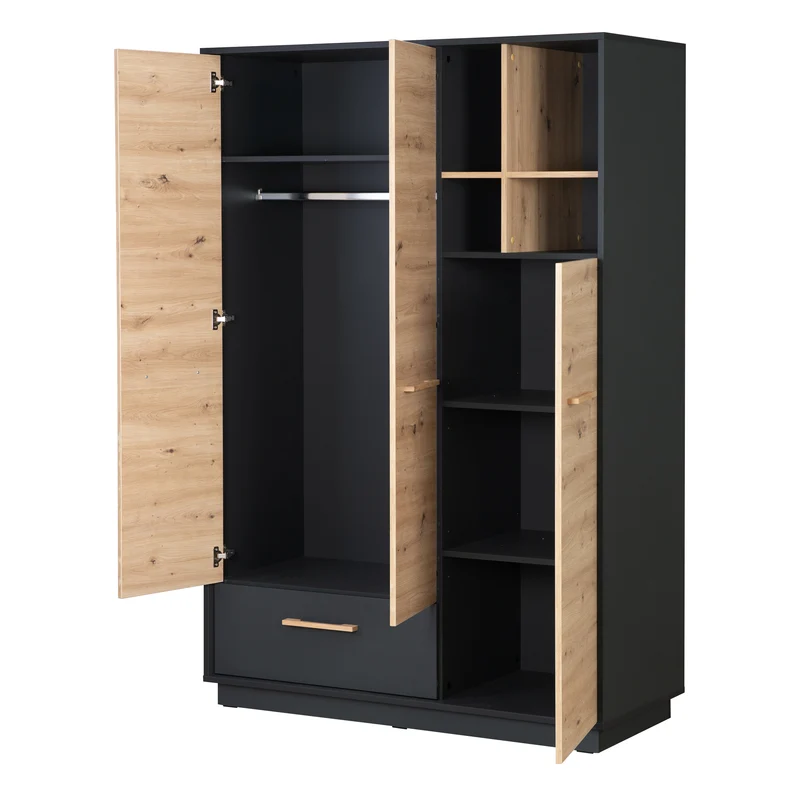 Kleiderschrank 'Lenn' 3-türig - Anthrazit - Holzdekor 'Artisan Eiche' - Massivholzgriffe