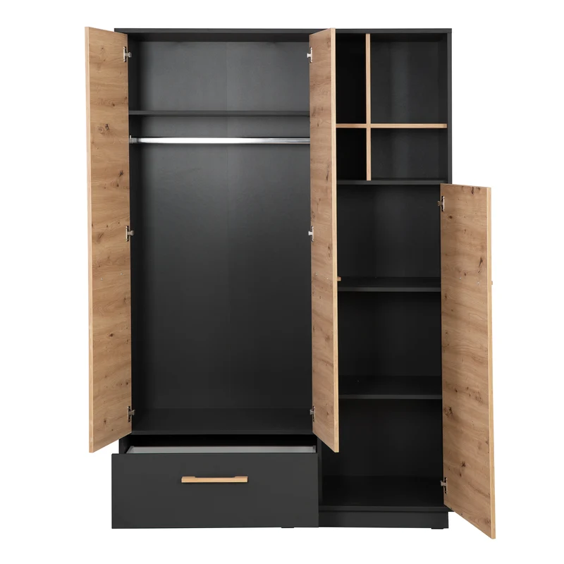 Kleiderschrank 'Lenn' 3-türig - Anthrazit - Holzdekor 'Artisan Eiche' - Massivholzgriffe