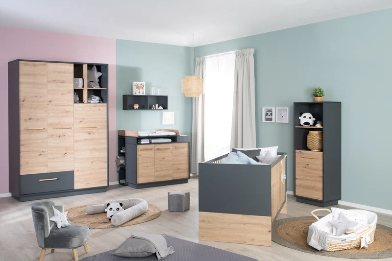 Kleiderschrank 'Lenn' 3-türig - Anthrazit - Holzdekor 'Artisan Eiche' - Massivholzgriffe