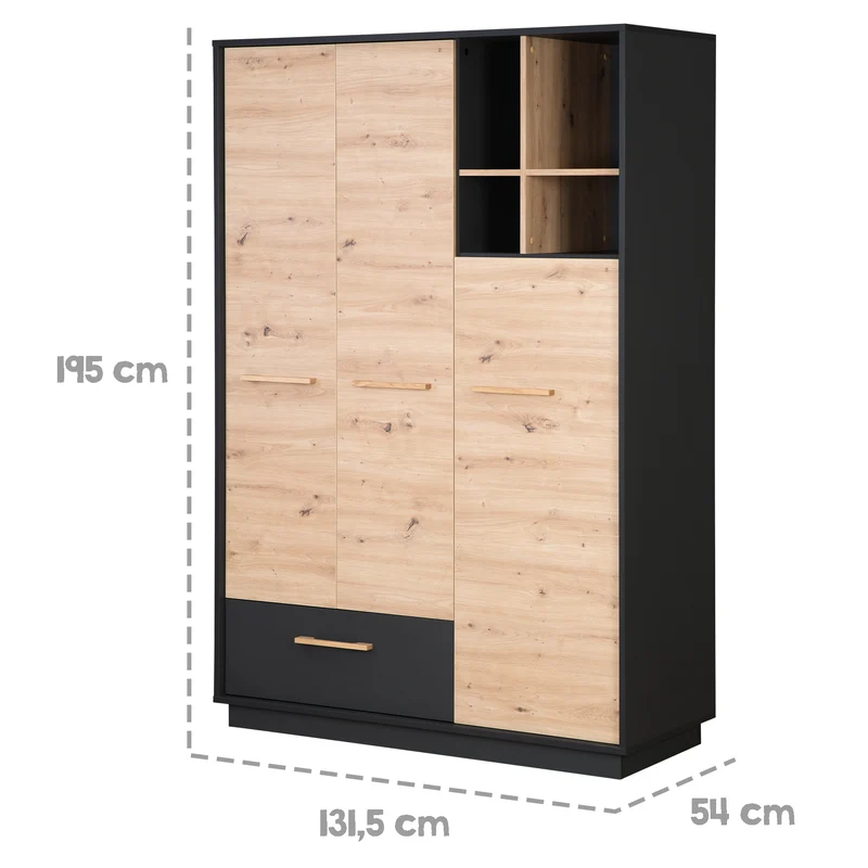 Kleiderschrank 'Lenn' 3-türig - Anthrazit - Holzdekor 'Artisan Eiche' - Massivholzgriffe