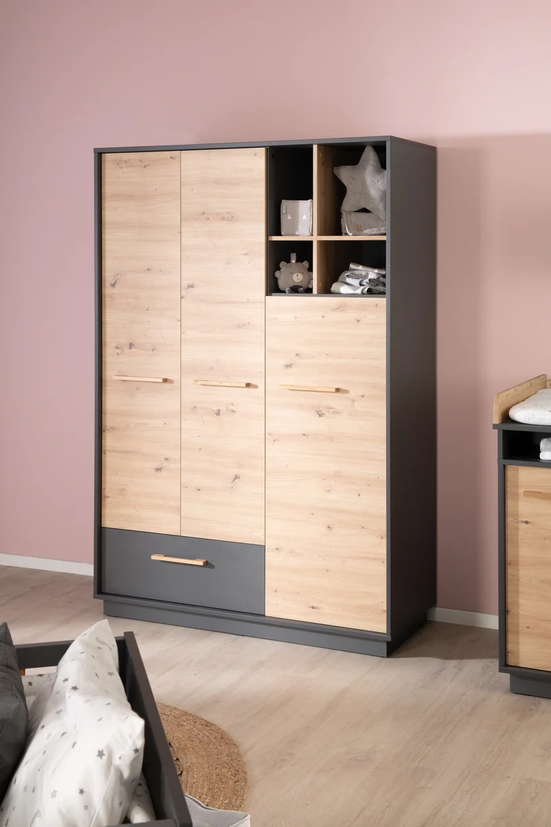Kleiderschrank 'Lenn' 3-türig - Anthrazit - Holzdekor 'Artisan Eiche' - Massivholzgriffe