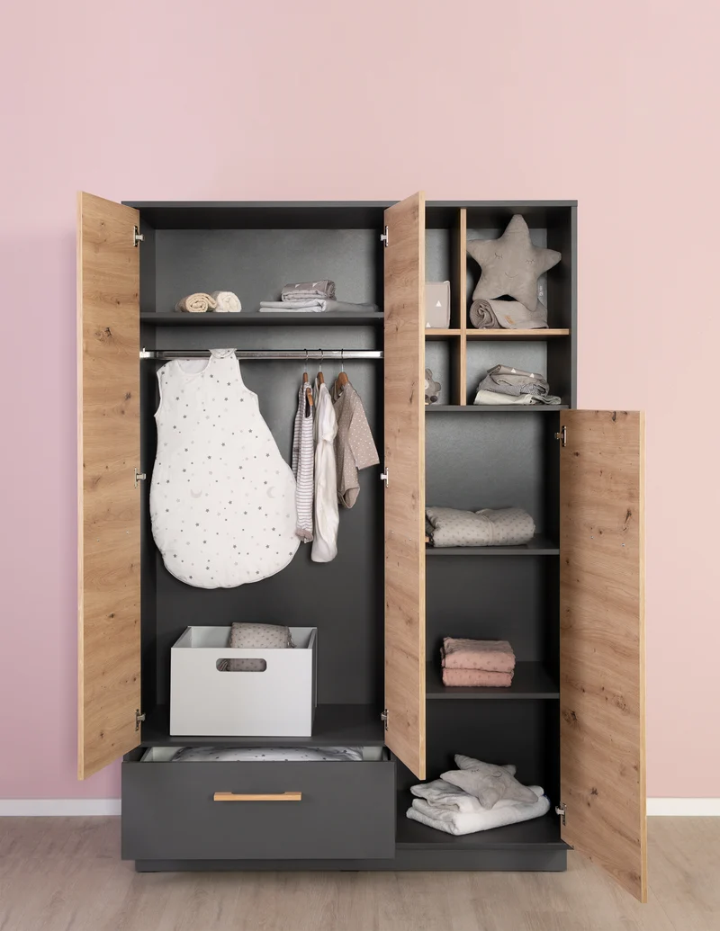 Kleiderschrank 'Lenn' 3-türig - Anthrazit - Holzdekor 'Artisan Eiche' - Massivholzgriffe