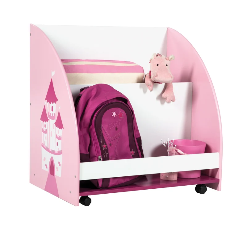 Kinderregal 'Krone', Spielregal fahrbar & drehbar mit Rollen, rosa / weiß