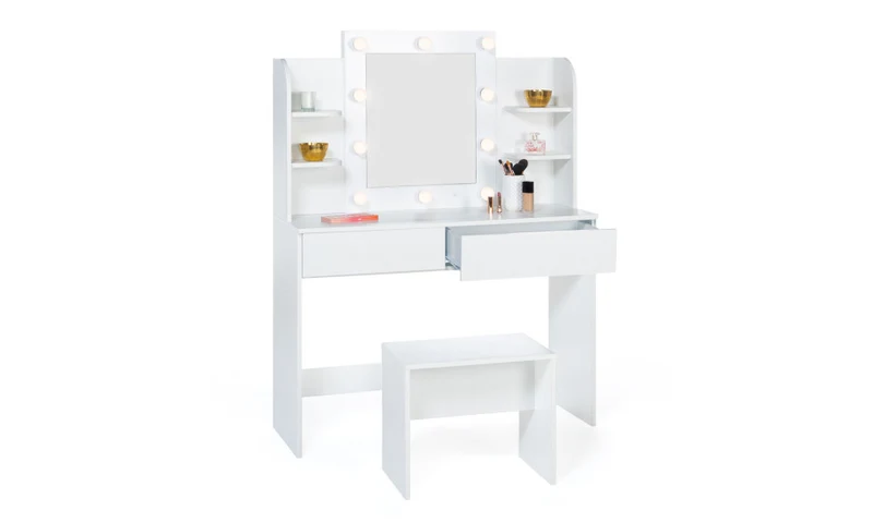 Coiffeuse Zita blanche double étagères, miroir LED et tabouret