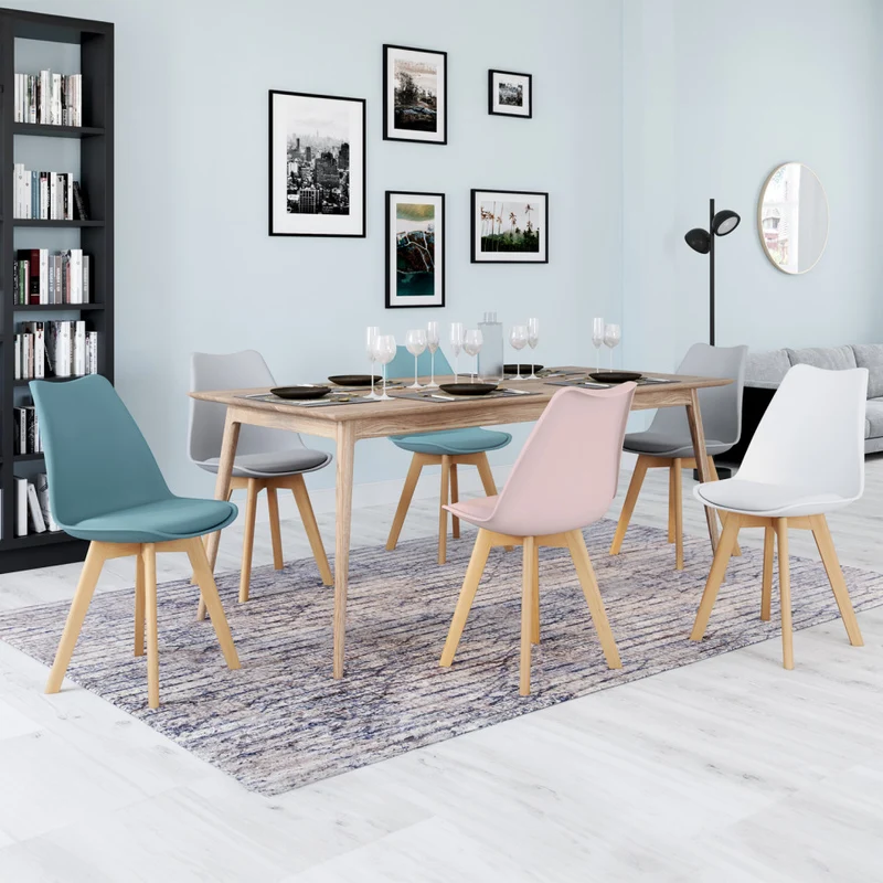 Chaises Nordia assise mix de couleurs : 1x blanc, 2x gris clair, 2x bleu pastel et 1x rose - lot de 6