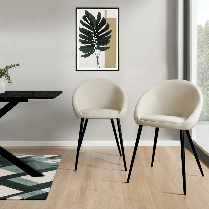 Chaises Dory en velours crème et pieds métal noirs - lot de 4