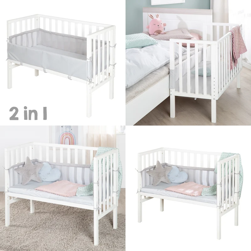 2in1 Beistellbett 'roba Style' inkl. Matratze 45x90, Mesh-Nestchen & Barriere - Holz weiß