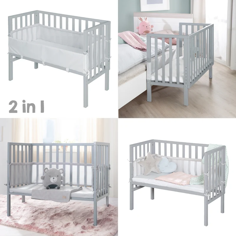 2in1 Beistellbett 'roba Style' inkl. Matratze 45x90, Mesh-Nestchen & Barriere - Holz taupe